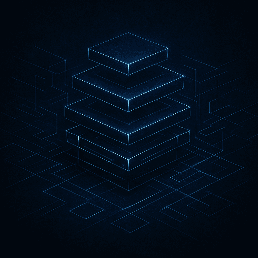 Abstract layered software architecture rendered as glowing system tiers