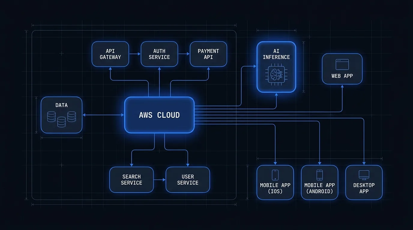 Production system architecture — client apps connected through API services to AWS cloud, AI inference, and a database